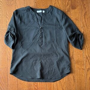 New York & Company Black Button-Front Roll-Tab Sleeve Blouse